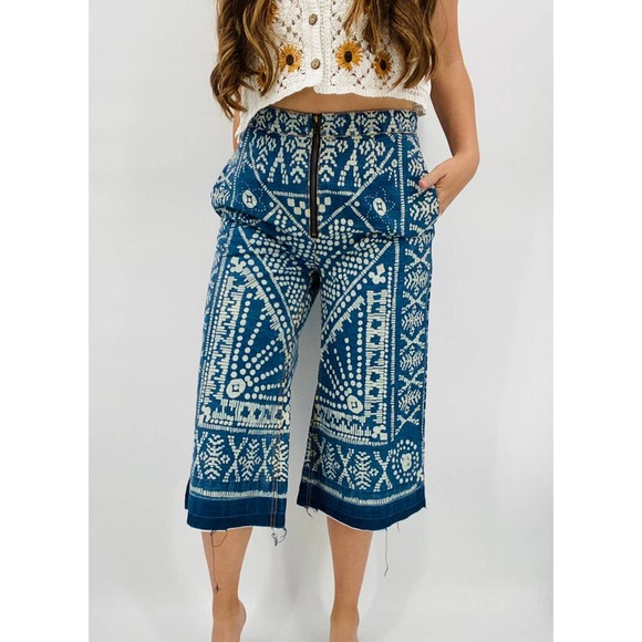 Sea New York Blue Geometric Patterned High Waisted Cropped Culotte Jeans - Picture 1 of 6